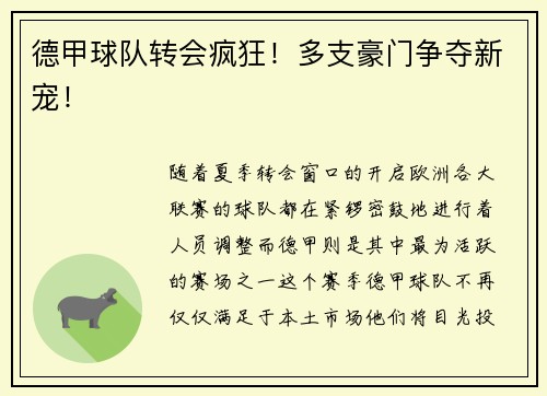 德甲球队转会疯狂！多支豪门争夺新宠！